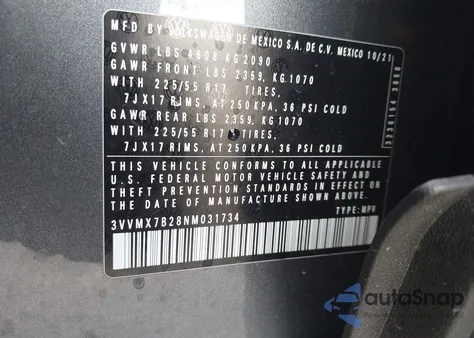 2022 Volkswagen Taos 1.5T S из США, поврежденный, VIN 3VVMX7B28NM031734